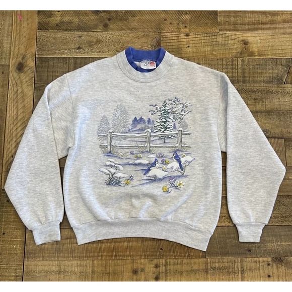 morning sun Tops - VTG 90s Blue Jay Winter Country Scene Womens M Sweatshirt Morning Sun (Flaw)